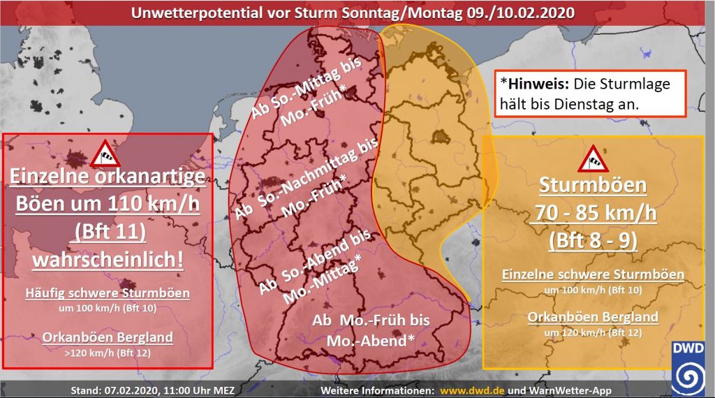 Warnkarte des Deutschen Wetterdienstes zum Orkantief Sabine